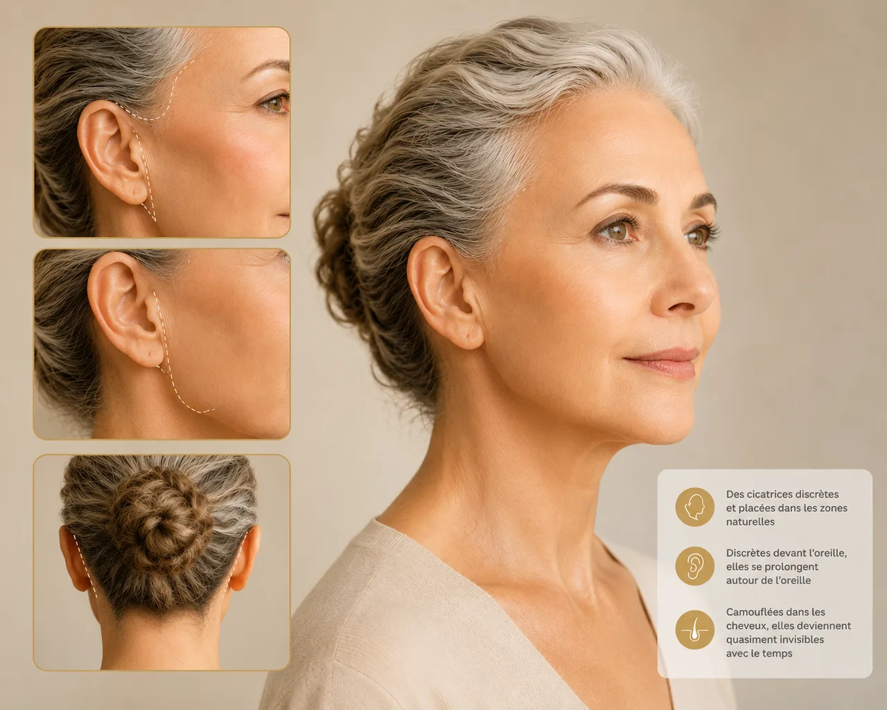Emplacement des cicatrices d'un lifting cervico-facial : incisions discrètes devant et derrière l'oreille et dans le cuir chevelu, Clinique esthétique Mozart à Nice
