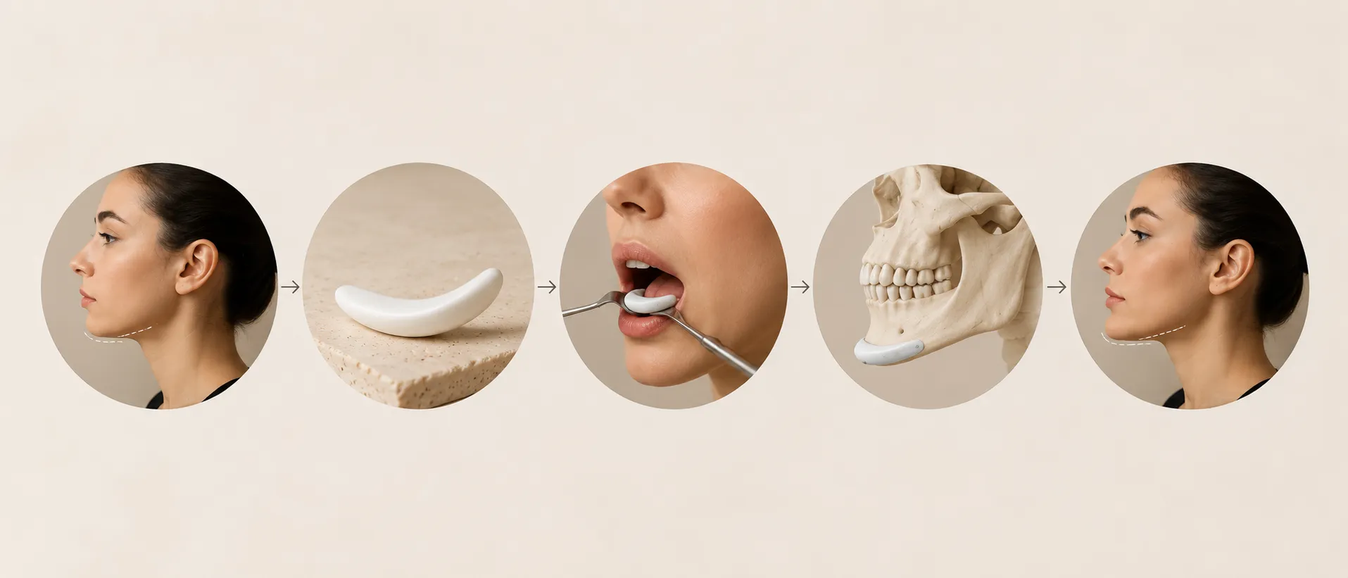 Les étapes d'une génioplastie par implant : incision discrète, préparation du logement, pose de l'implant mentonnier et fermeture, Clinique esthétique Mozart à Nice