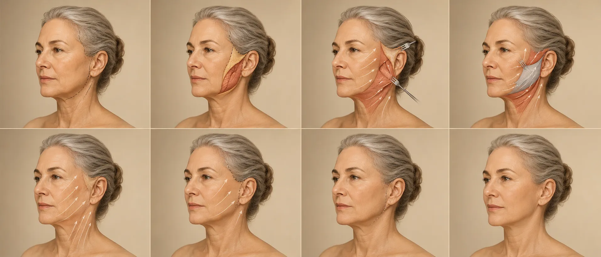 Les étapes d'un lifting cervico-facial : incisions discrètes, repositionnement du SMAS, traitement du cou et redrapage de la peau, Clinique esthétique Mozart à Nice