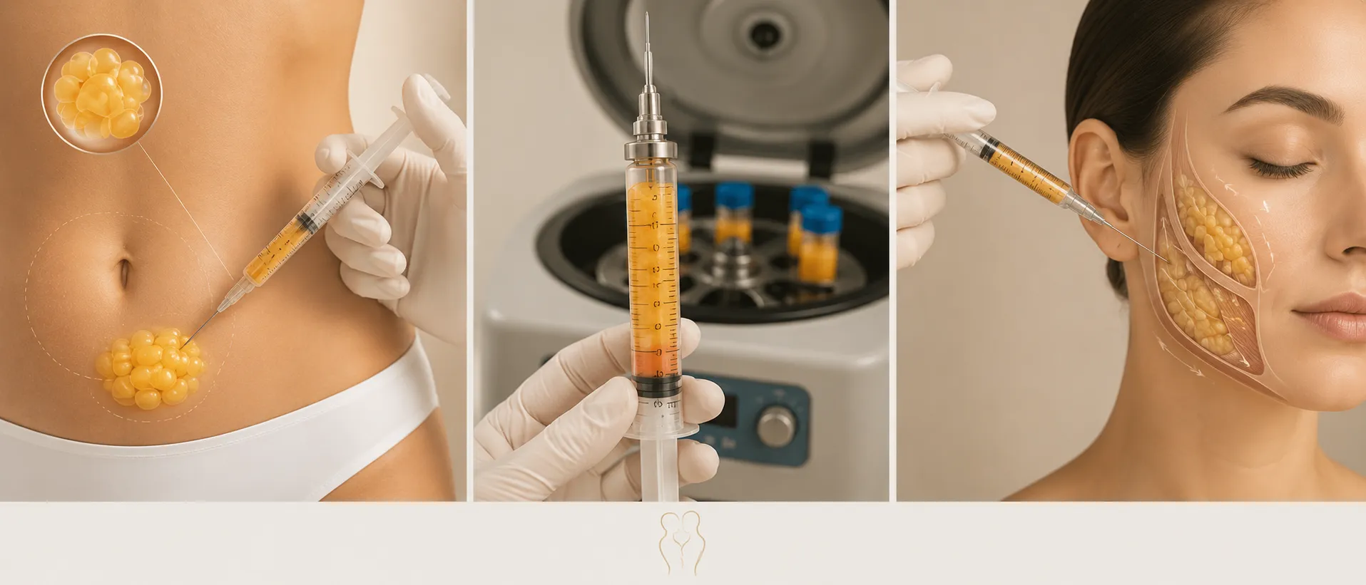 Les étapes d'un lipofilling du visage : prélèvement de la graisse, préparation au laboratoire et réinjection dans le visage, Clinique esthétique Mozart à Nice