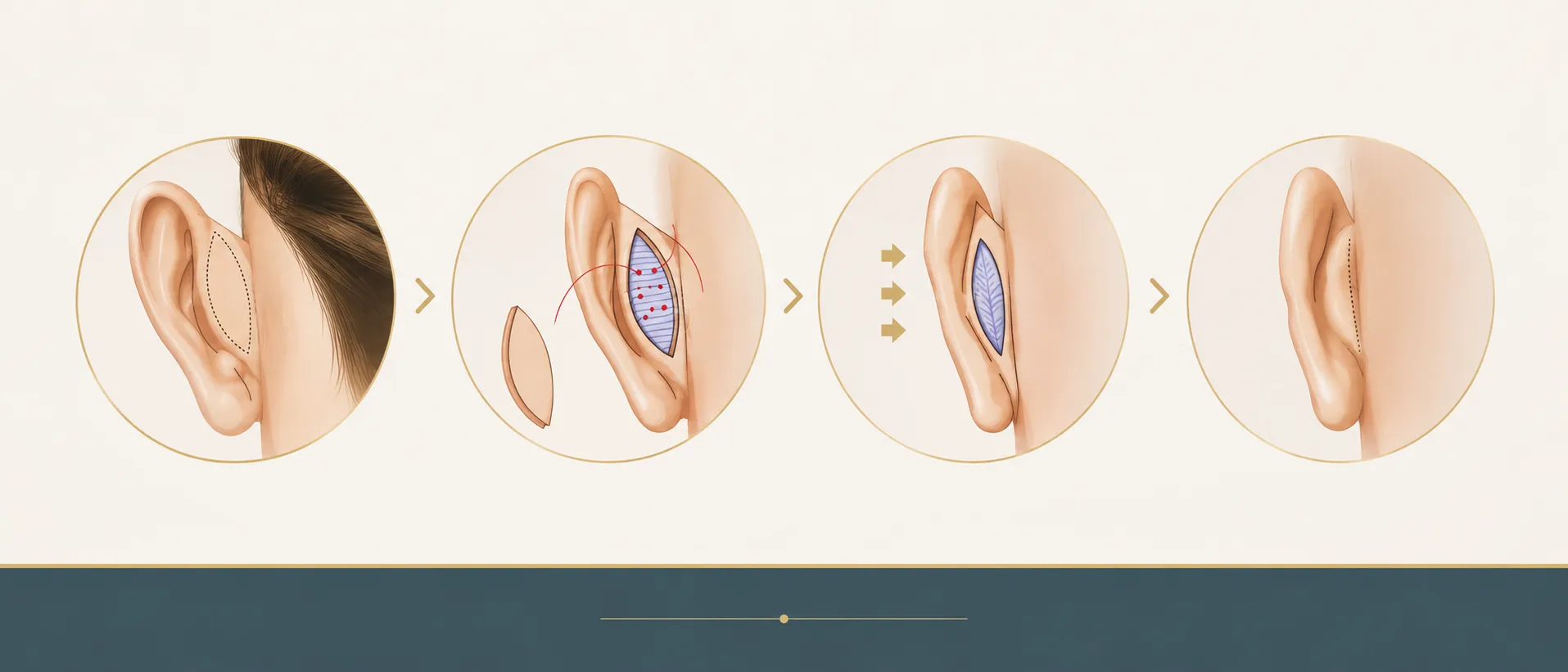 Les étapes d'une otoplastie : incision, modelage du cartilage, repositionnement et cicatrisation, Clinique esthétique Mozart à Nice