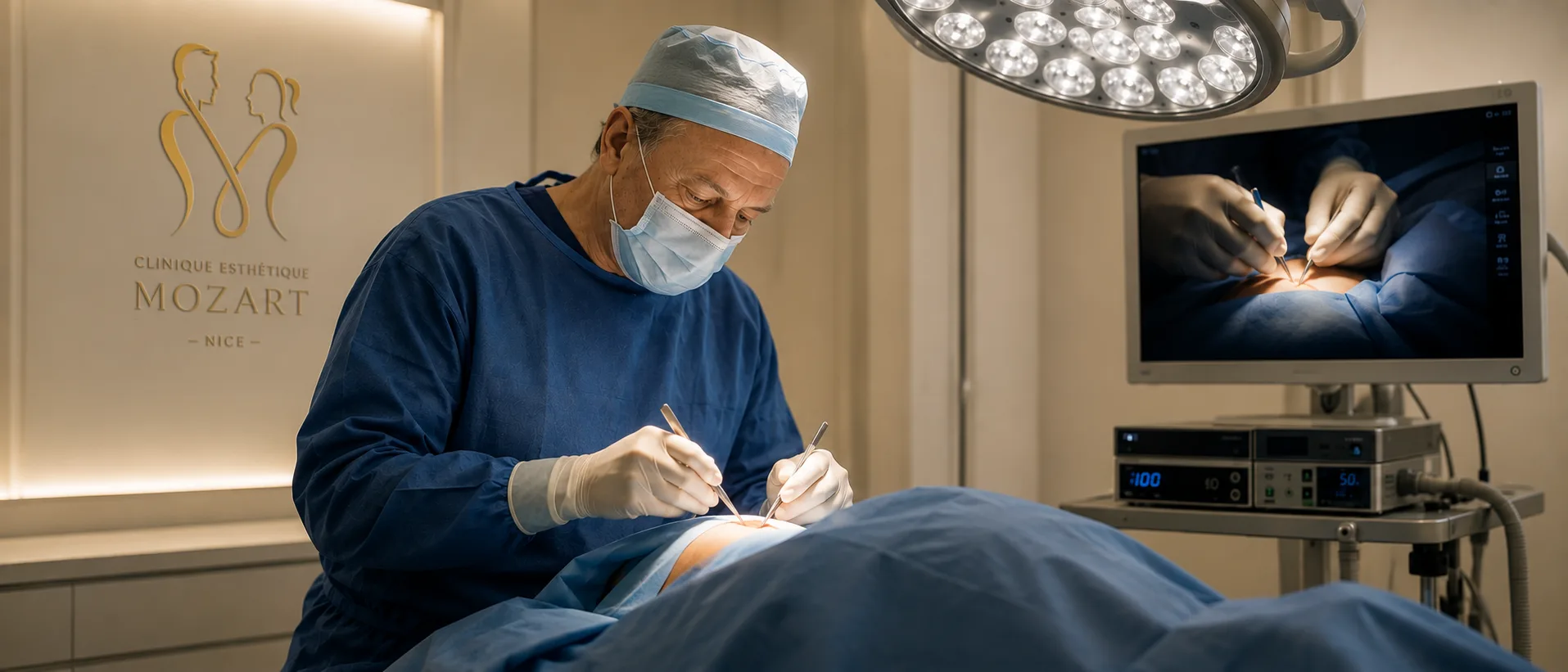 Le Dr Denis Boucq au bloc opératoire de la Clinique esthétique Mozart à Nice
