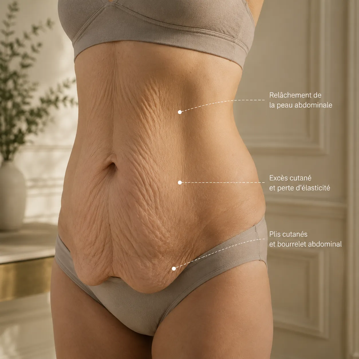 Indications d'une abdominoplastie complète à Nice : relâchement de la peau abdominale, excès cutané et perte d'élasticité, plis cutanés et bourrelet abdominal