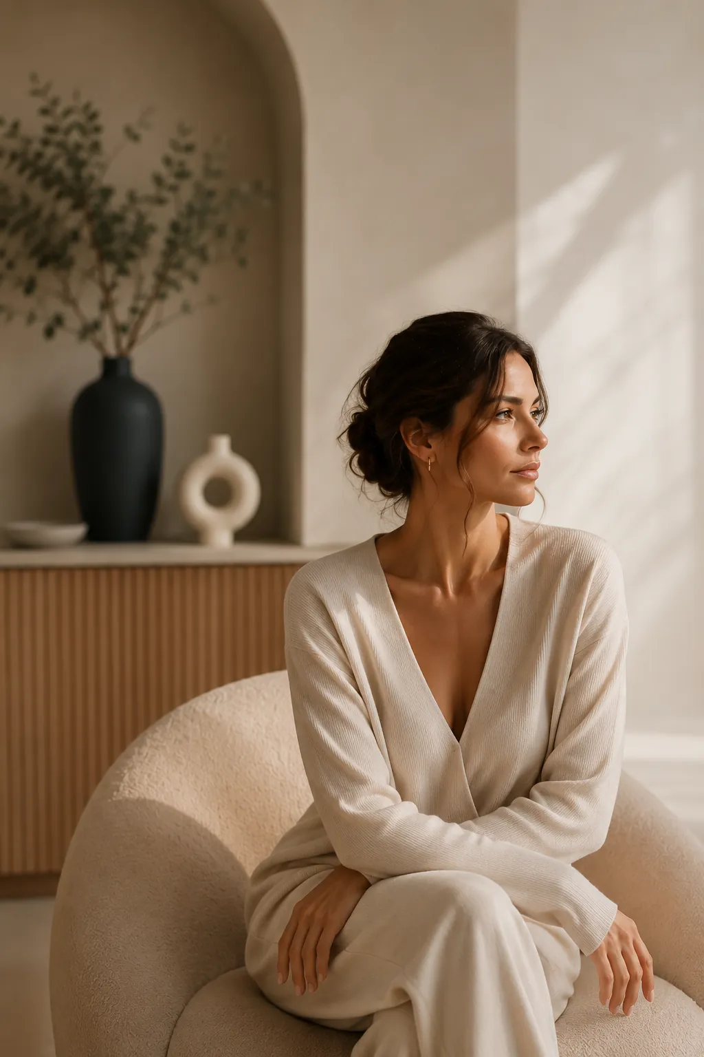 Chirurgie intime féminine à Nice : une femme adulte assise dans un intérieur lumineux, à la Clinique esthétique Mozart