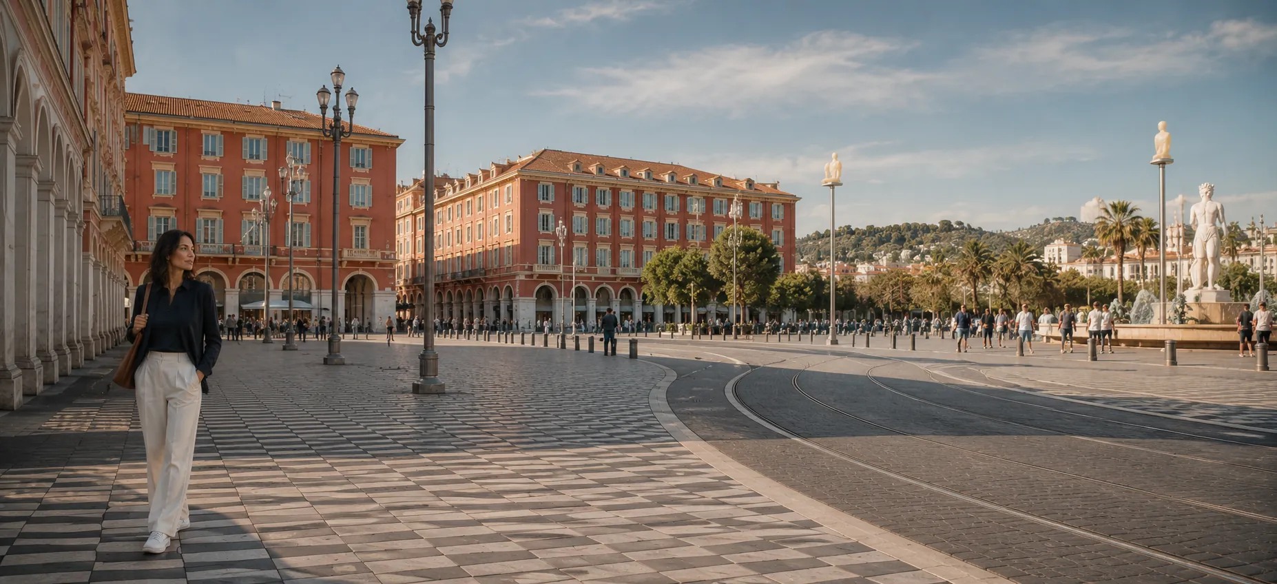 La place Masséna à Nice, ses façades ocre et ses palmiers, à quelques minutes de la Clinique esthétique Mozart