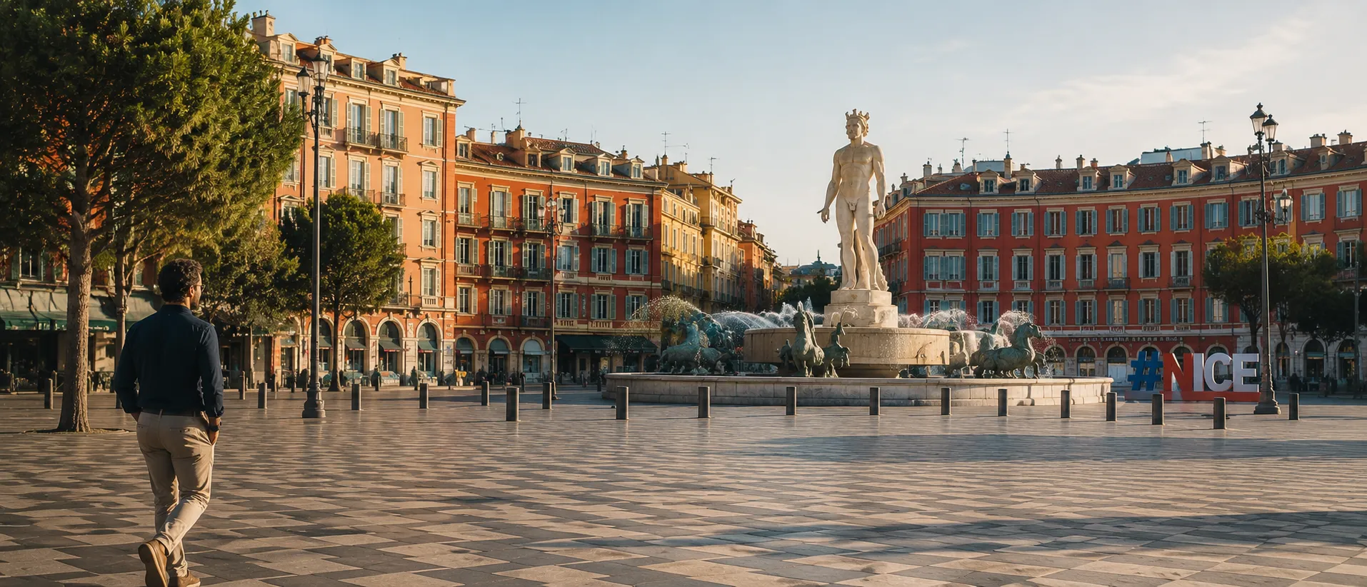 Un homme traverse la place Masséna et sa fontaine du Soleil, au cœur de Nice, sur la Côte d'Azur