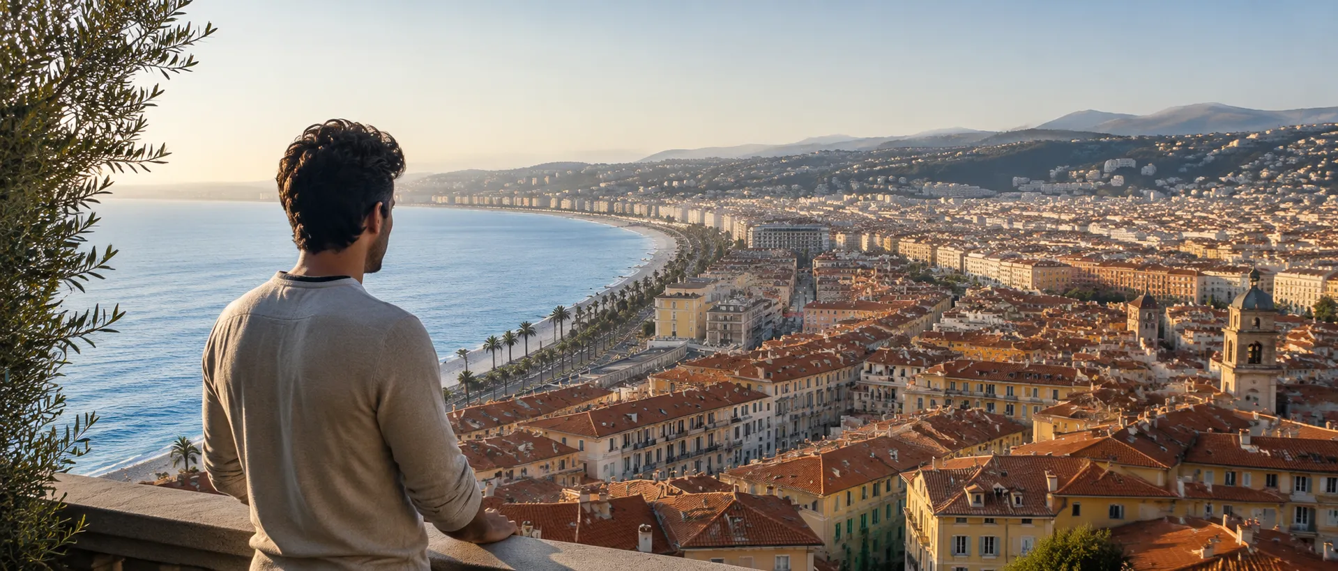 Un homme contemple la baie des Anges et la ville de Nice depuis les hauteurs, sur la Côte d'Azur