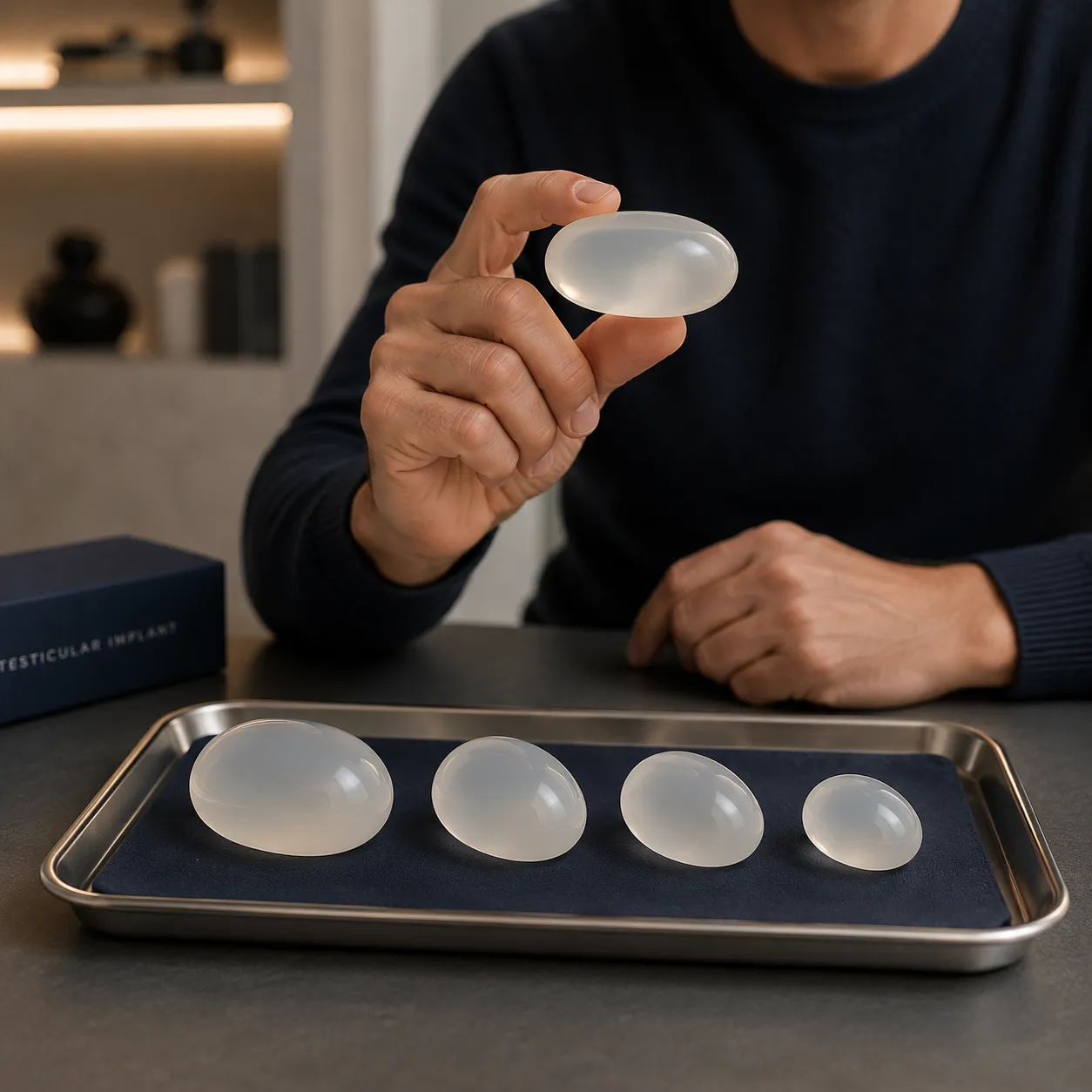 Comment est choisie la taille d'une prothèse testiculaire : quatre implants en silicone de dimensions différentes présentés sur un plateau, Clinique esthétique Mozart à Nice