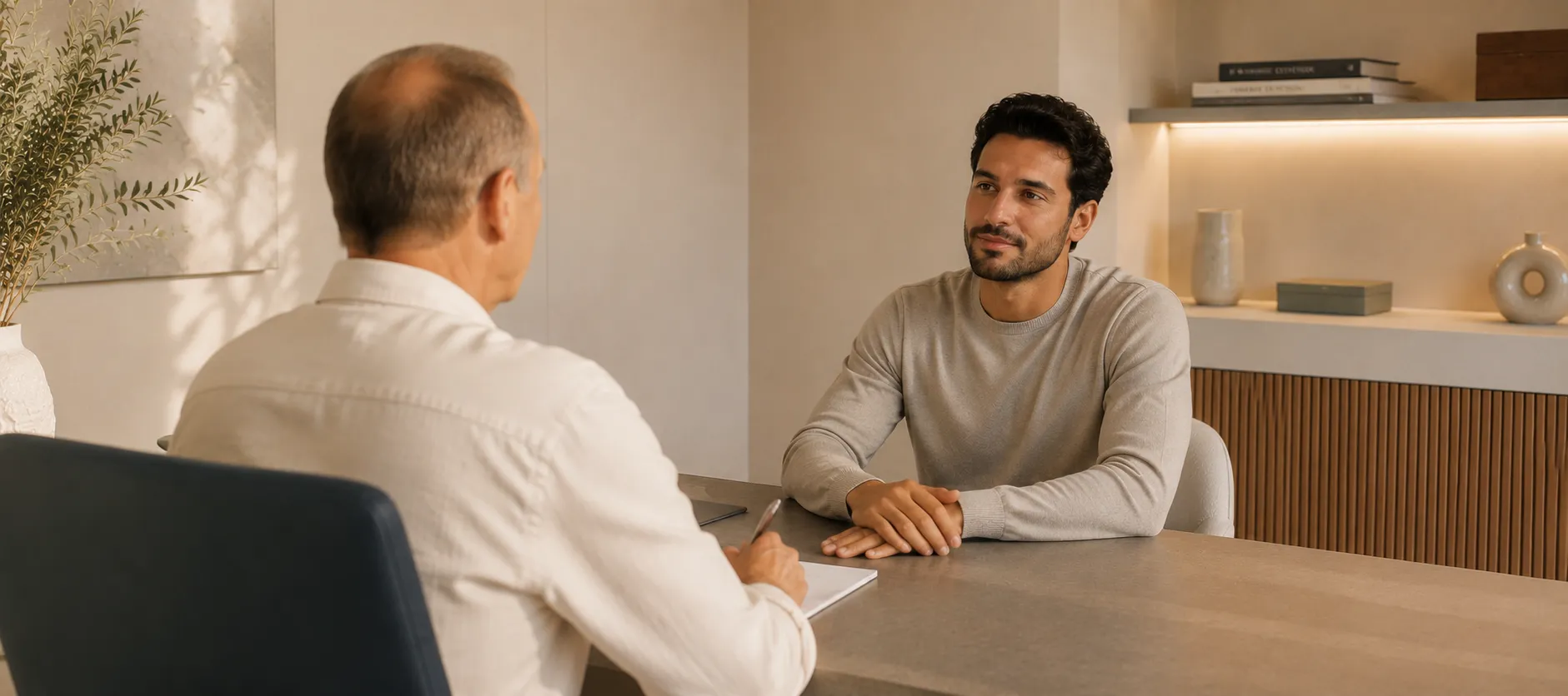 Consultation de circoncision de l'adulte à Nice, le médecin échange avec le patient, Clinique esthétique Mozart