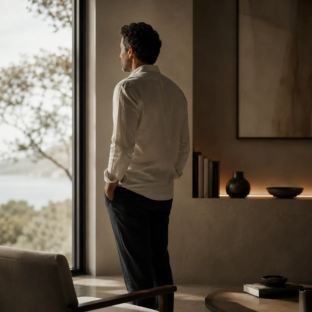 Prendre le temps de décider avant une prothèse testiculaire : un homme adulte devant une large baie vitrée, dans un intérieur calme, Clinique esthétique Mozart à Nice