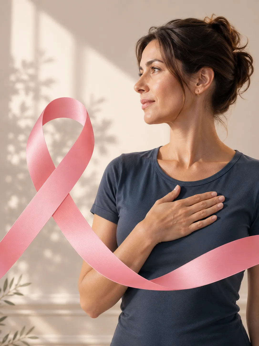 Femme de profil, une main posée sur sa poitrine, devant un ruban rose du dépistage du cancer du sein
