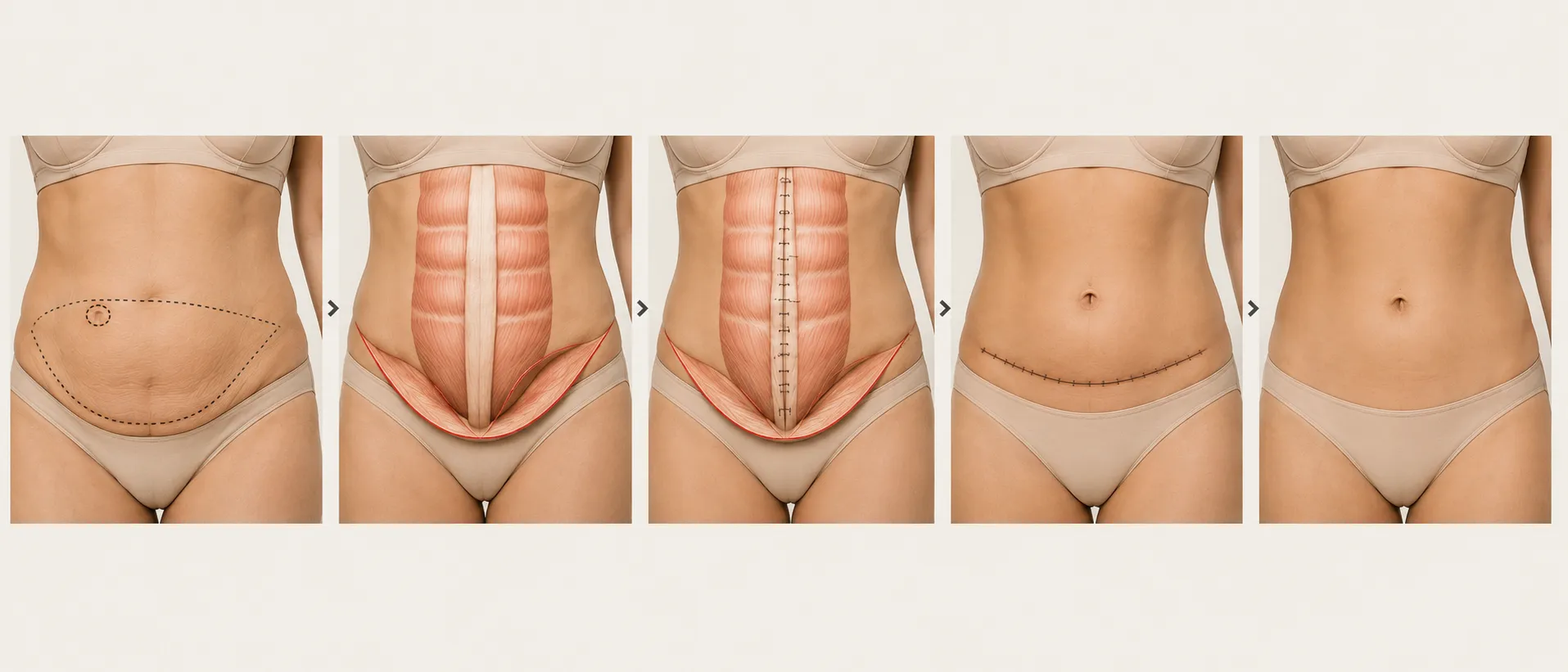 Les étapes d'une abdominoplastie en images : marquage de l'incision, décollement de la peau, réparation des muscles par plicature, fermeture, cicatrice discrète