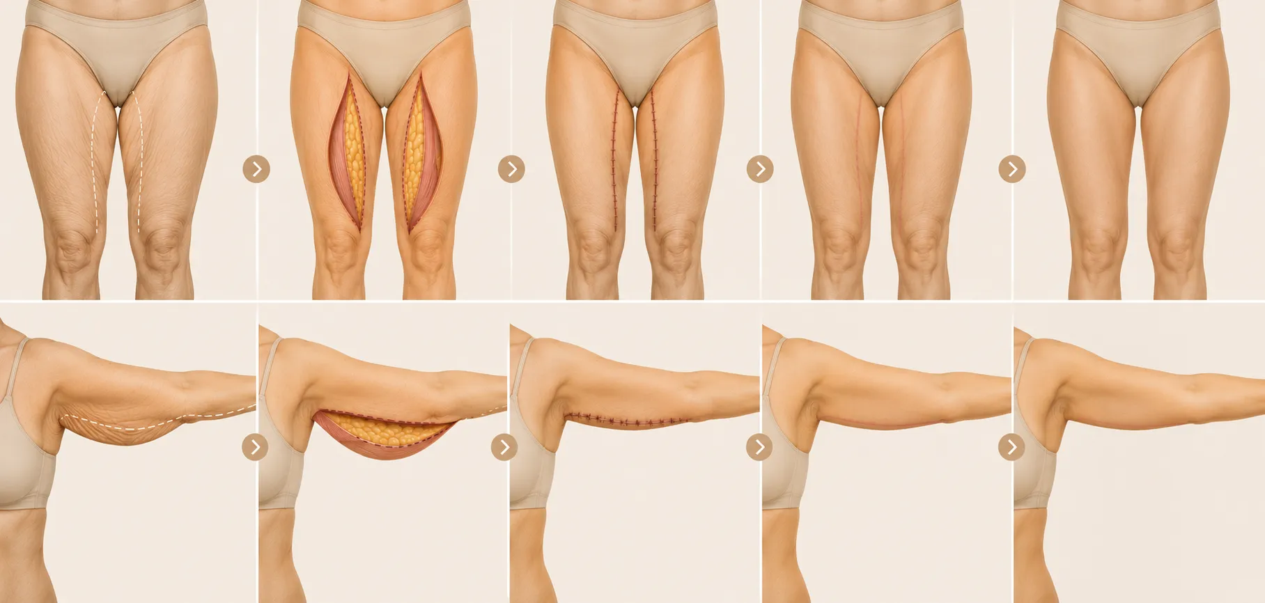 Les étapes d'un lifting des bras et des cuisses en images : tracé sur la peau, retrait de l'excès, suture, maturation de la cicatrice, contour retendu