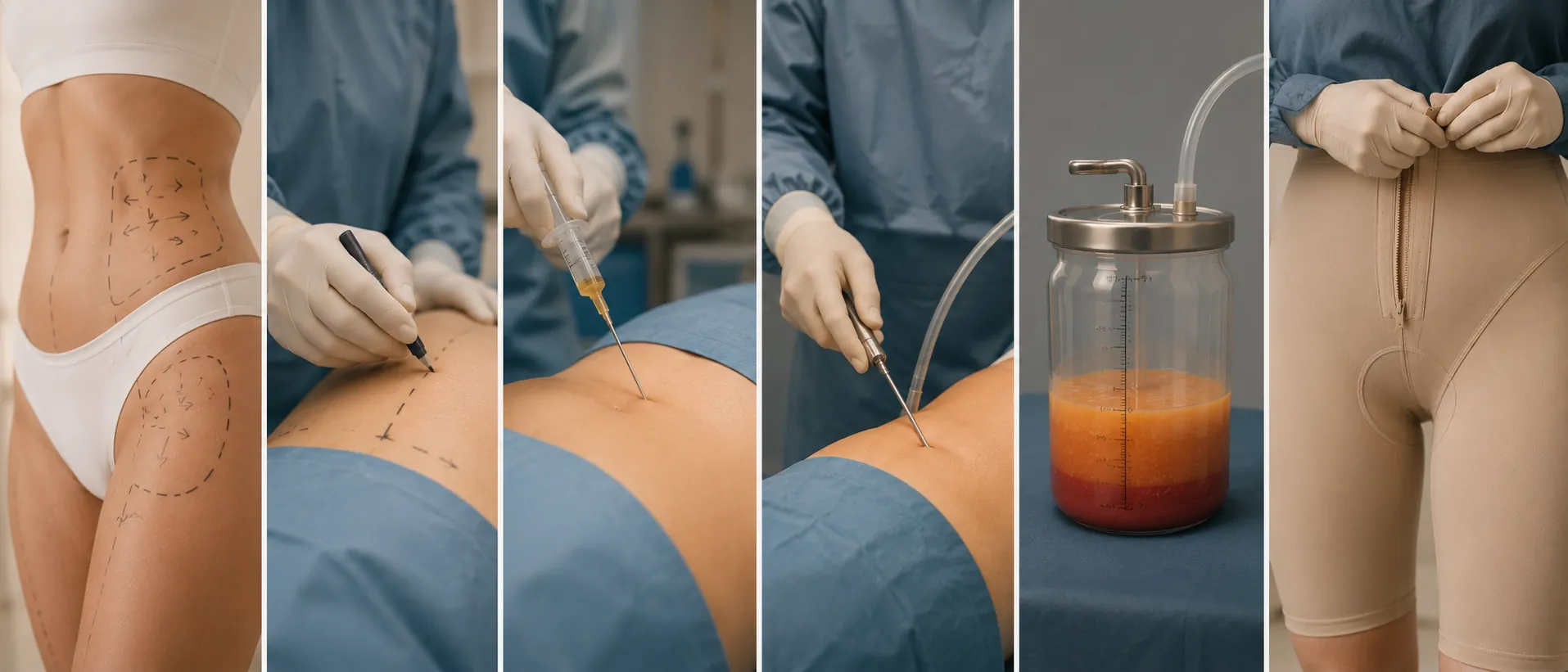 Les étapes d'une liposuccion : marquage des zones, anesthésie, aspiration de la graisse à la canule, graisse collectée et mise en place du vêtement de contention, Clinique esthétique Mozart à Nice