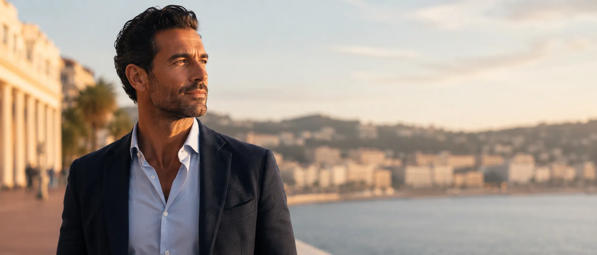 Élargissement du pénis par lipofilling à Nice : un homme serein face à la baie des Anges au soleil couchant, Clinique esthétique Mozart