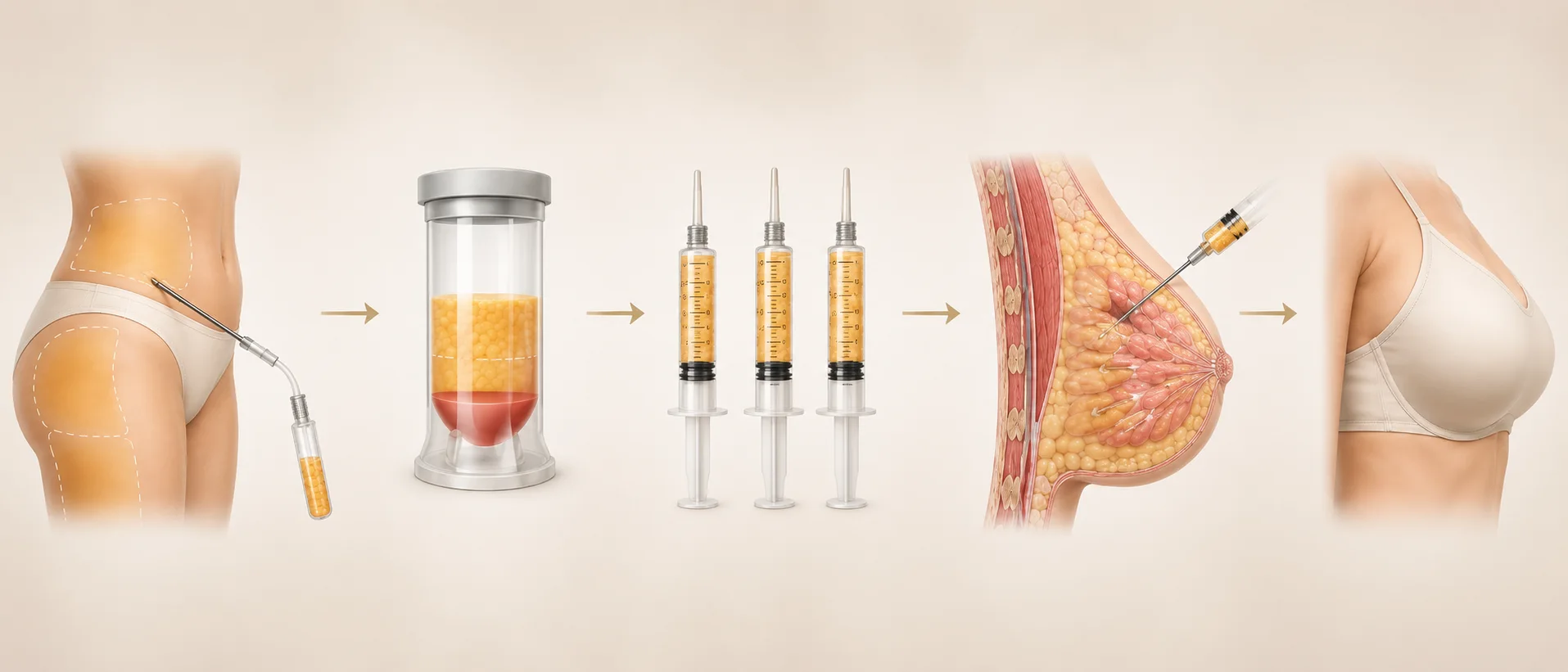 Le déroulement d'un lipofilling mammaire en cinq temps : prélèvement, purification, préparation, réinjection, résultat