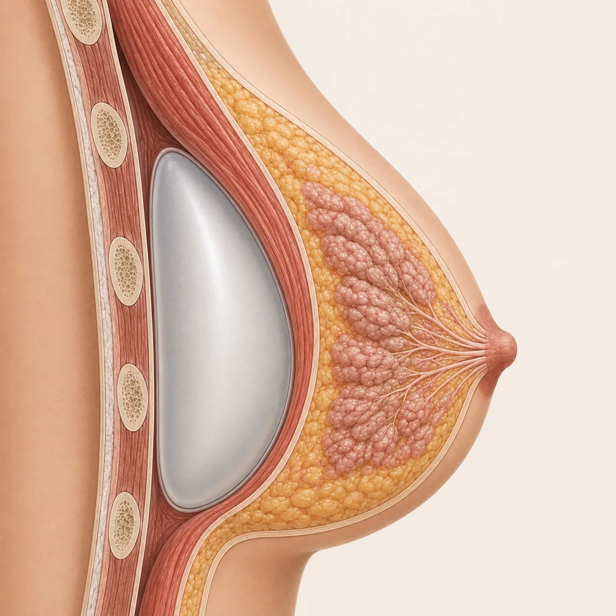 Coupe anatomique : implant mammaire placé derrière le muscle pectoral