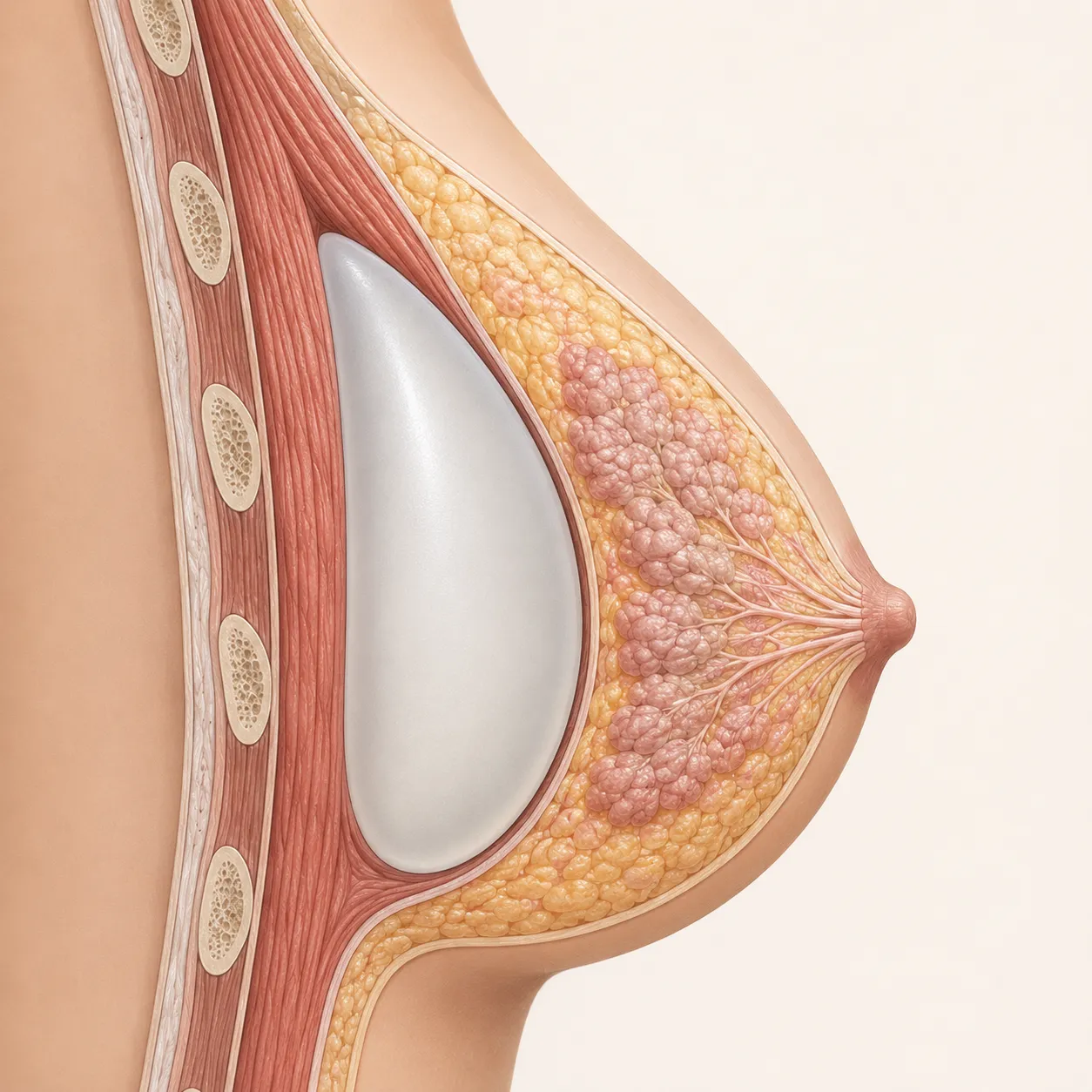 Coupe anatomique : implant mammaire placé devant le muscle pectoral