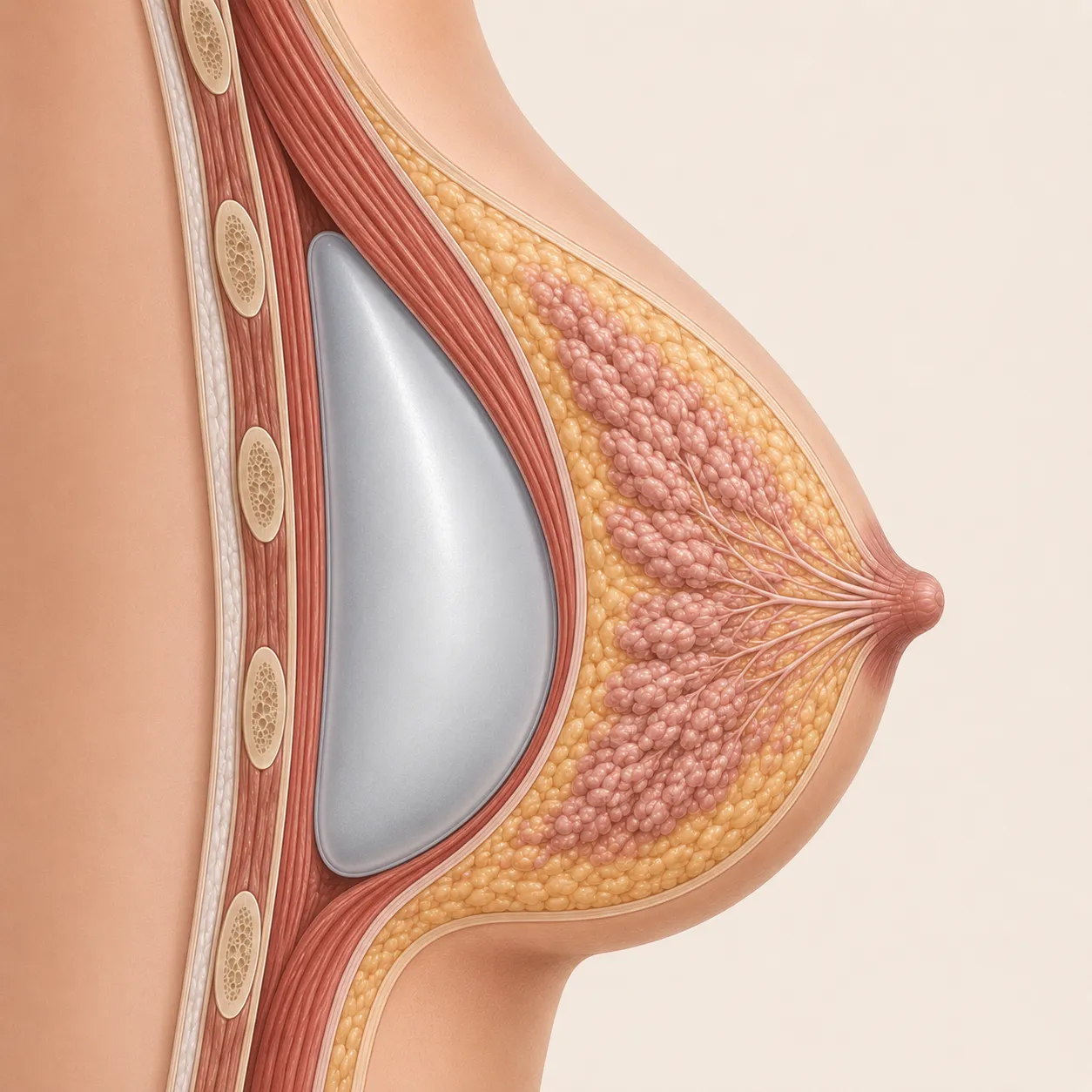 Coupe anatomique : implant mammaire en position dual-plan