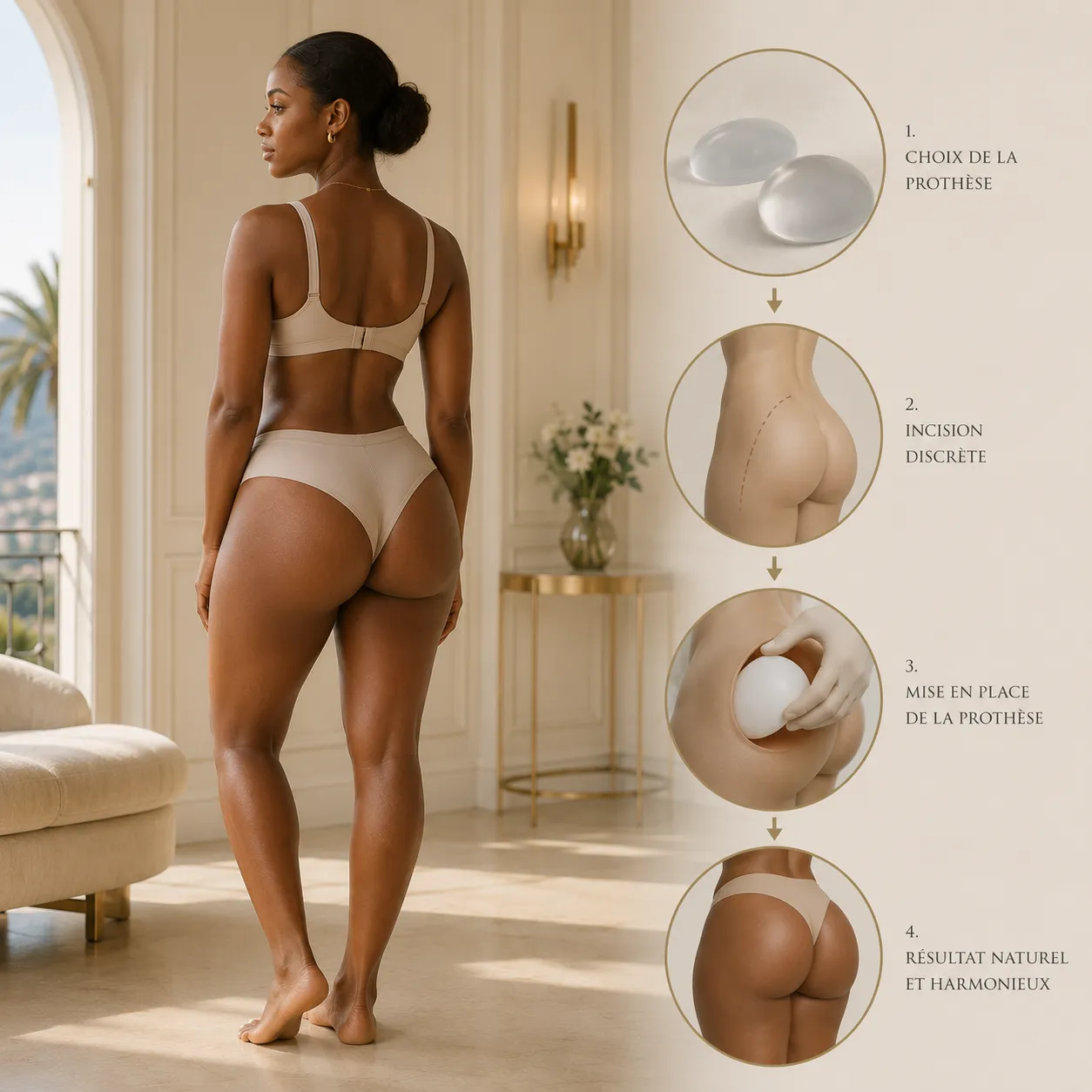 Implants fessiers à Nice : choix de la prothèse, incision discrète et mise en place, Clinique esthétique Mozart