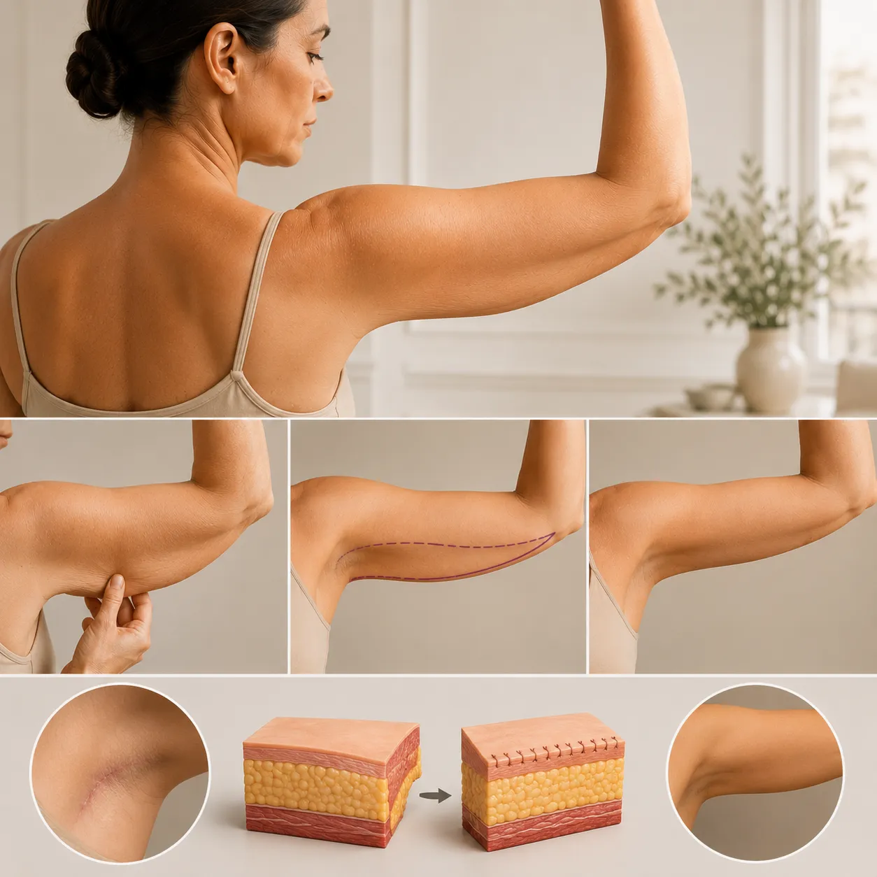 Lifting des bras à Nice : peau relâchée de la face interne, test du pincement, tracé de la cicatrice et principe du retrait de peau, Clinique esthétique Mozart