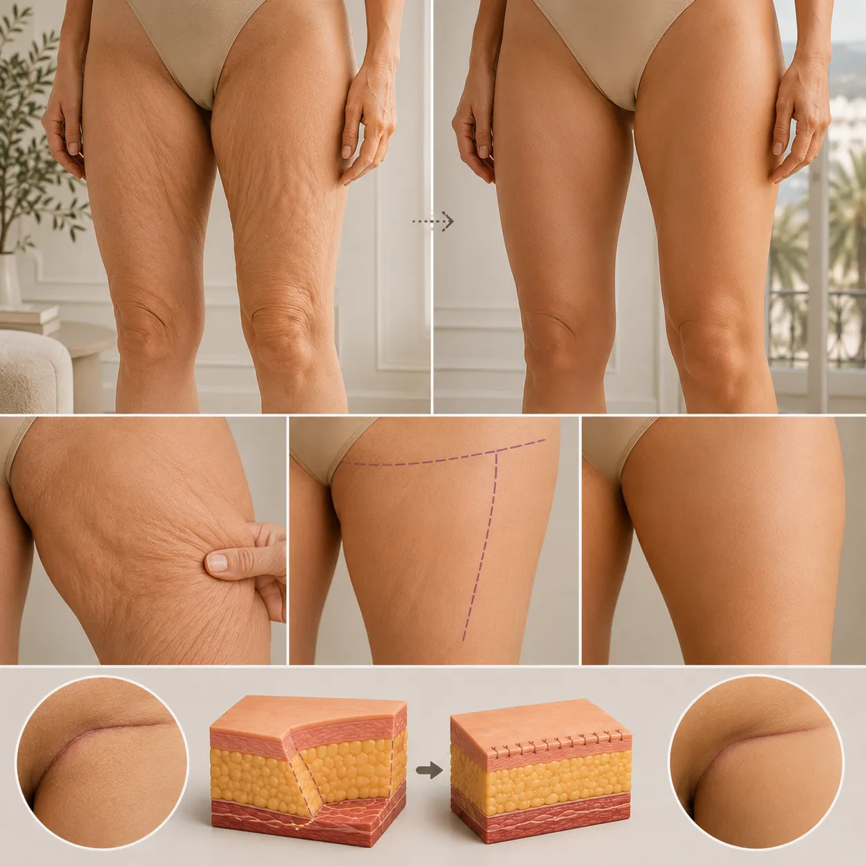 Lifting des cuisses à Nice : peau relâchée de la face interne, tracé de la cicatrice dans le pli de l'aine avec composante verticale et principe du retrait de peau, Clinique esthétique Mozart