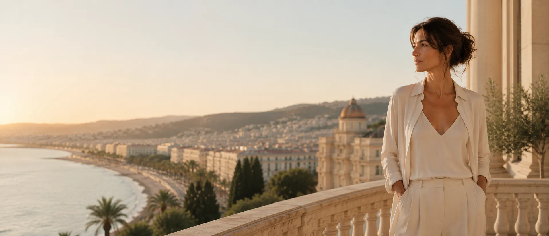 Une femme contemple la baie des Anges et la Promenade des Anglais depuis les hauteurs de Nice, au couchant