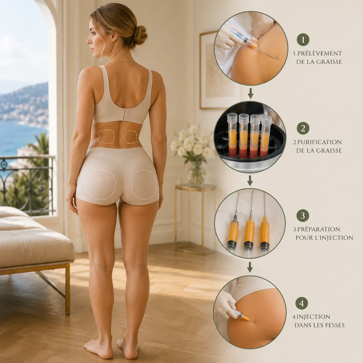 Lipofilling fessier à Nice : les quatre étapes, prélèvement, purification, préparation et injection de la graisse