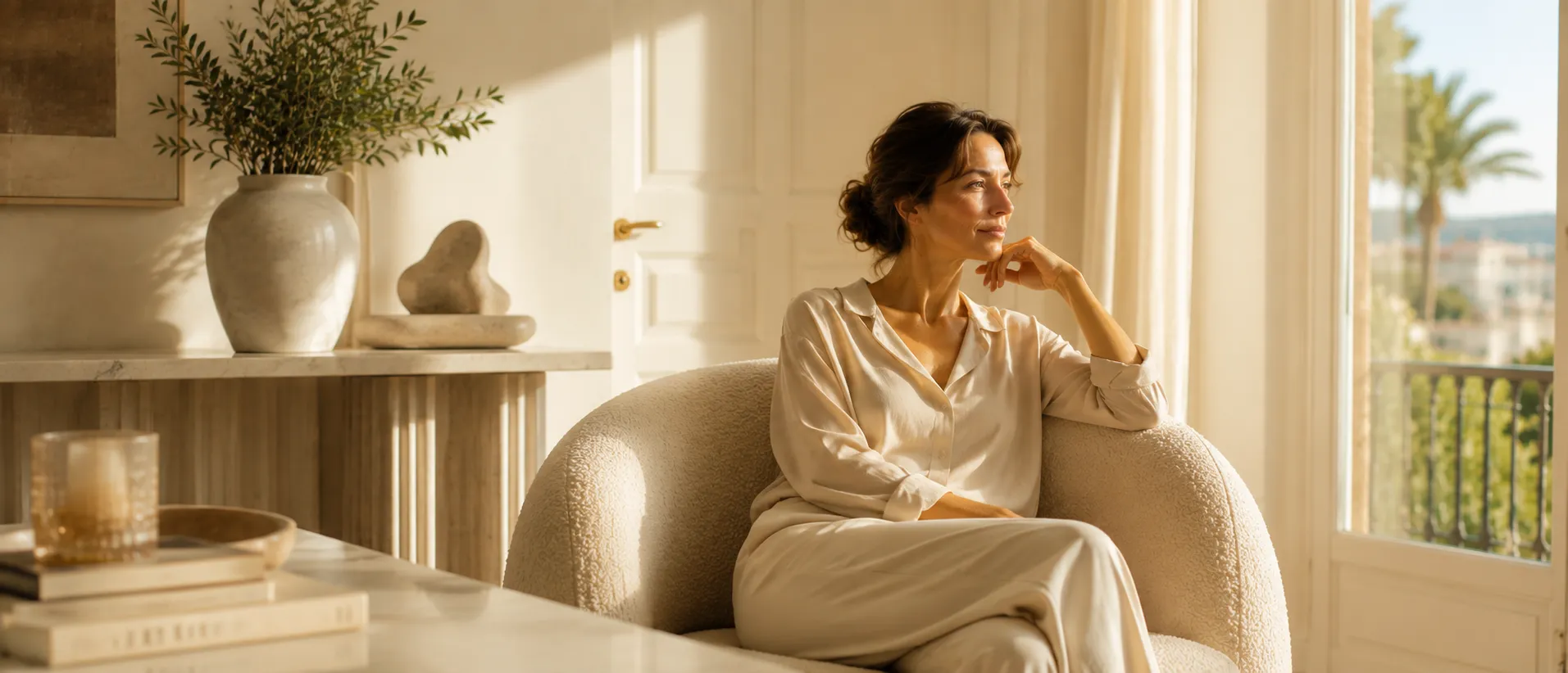 Femme pensive assise dans un fauteuil, baignée de lumière dorée : le temps de la réflexion avant un lifting des seins à la Clinique esthétique Mozart