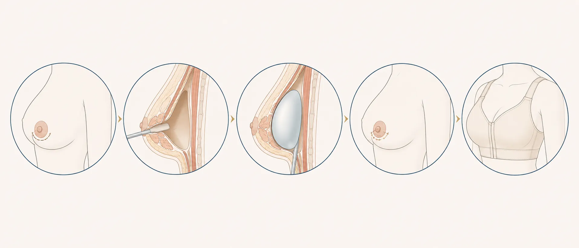 Illustration médicale des étapes d'une augmentation mammaire par prothèses : incision au pourtour de l'aréole, création de la poche, mise en place de l'implant, fermeture, puis soutien-gorge post-opératoire