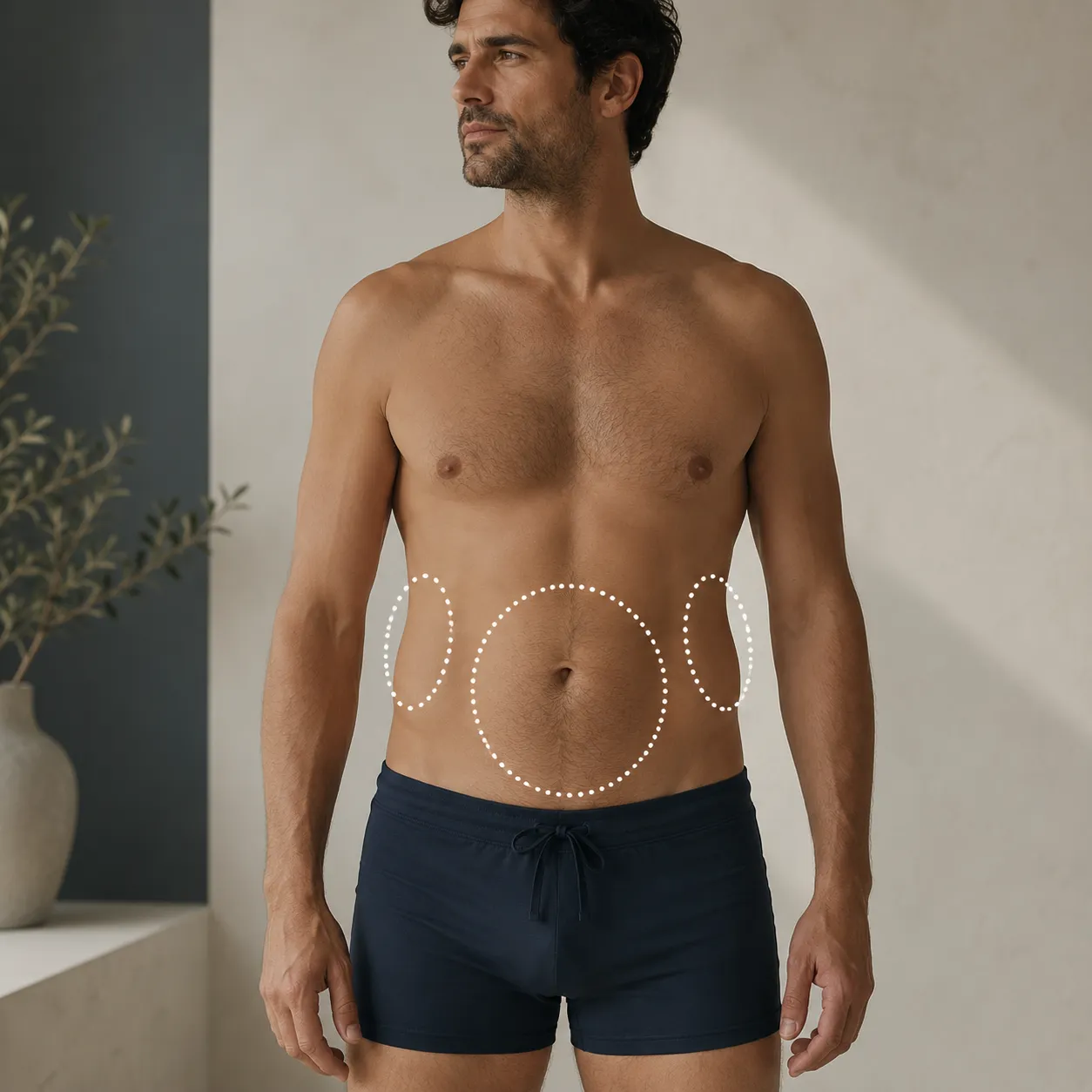 Où est prélevée la graisse pour un élargissement du pénis : abdomen et flancs marqués sur un torse masculin, Clinique esthétique Mozart à Nice