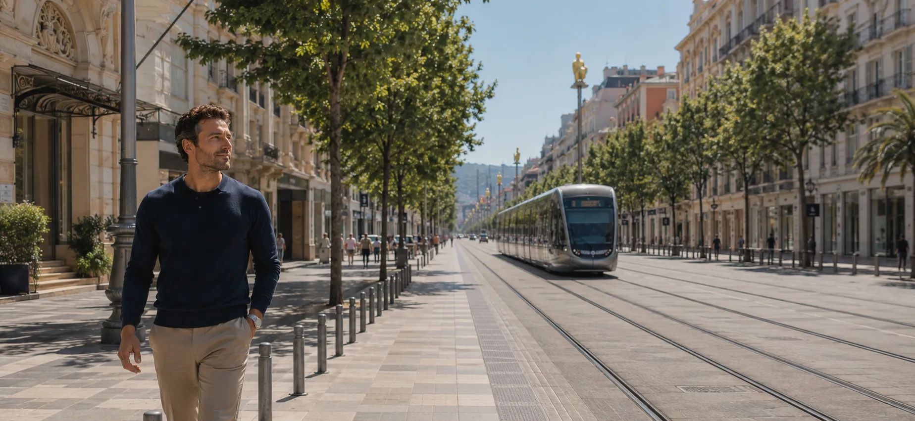 Prothèse testiculaire à Nice : un homme marche avenue Jean Médecin, au cœur de Nice, Clinique esthétique Mozart