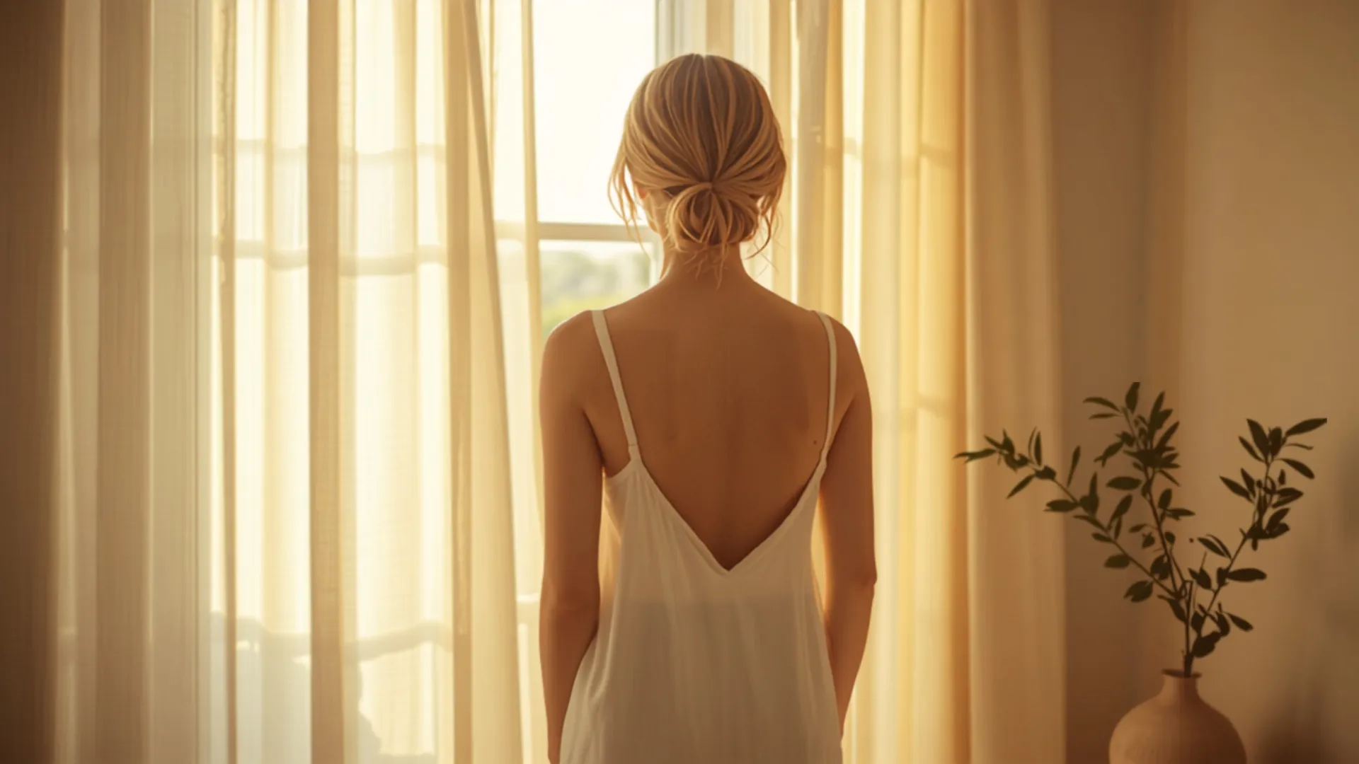 Femme sereine de dos en nuisette de soie, face à une fenêtre baignée de lumière dorée : la douceur des suites d'un lifting des seins