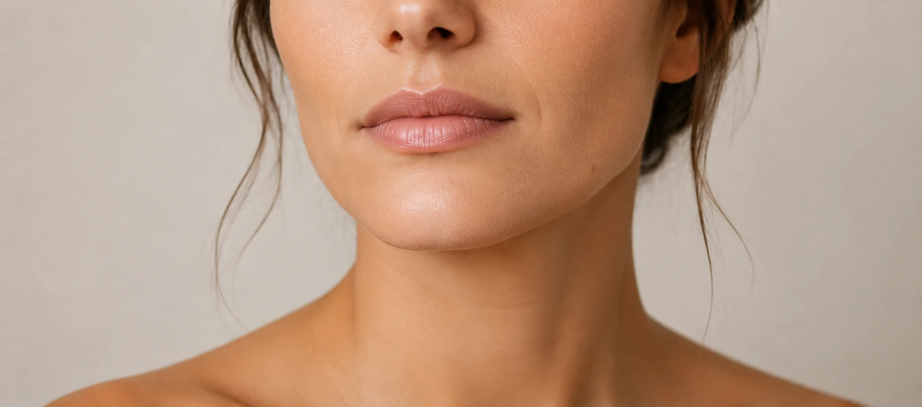 Botox des commissures et du menton à Nice : le bas du visage d'une femme cadré serré, bouche au repos, menton et ligne de la mâchoire dégagés, Clinique esthétique Mozart