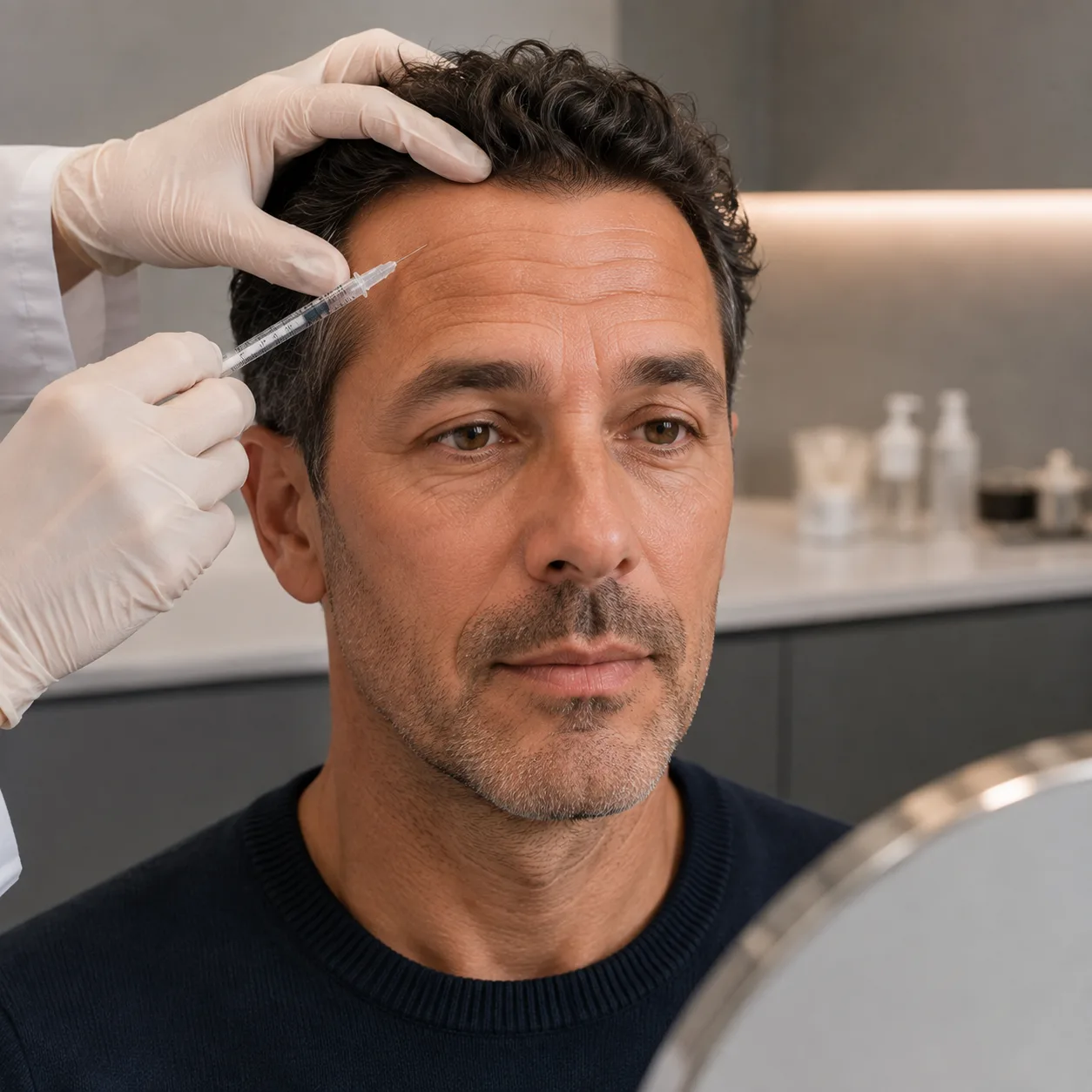 Botox du front à Nice : injection de toxine botulique dans le muscle frontal d'un homme, rides horizontales visibles, Clinique esthétique Mozart