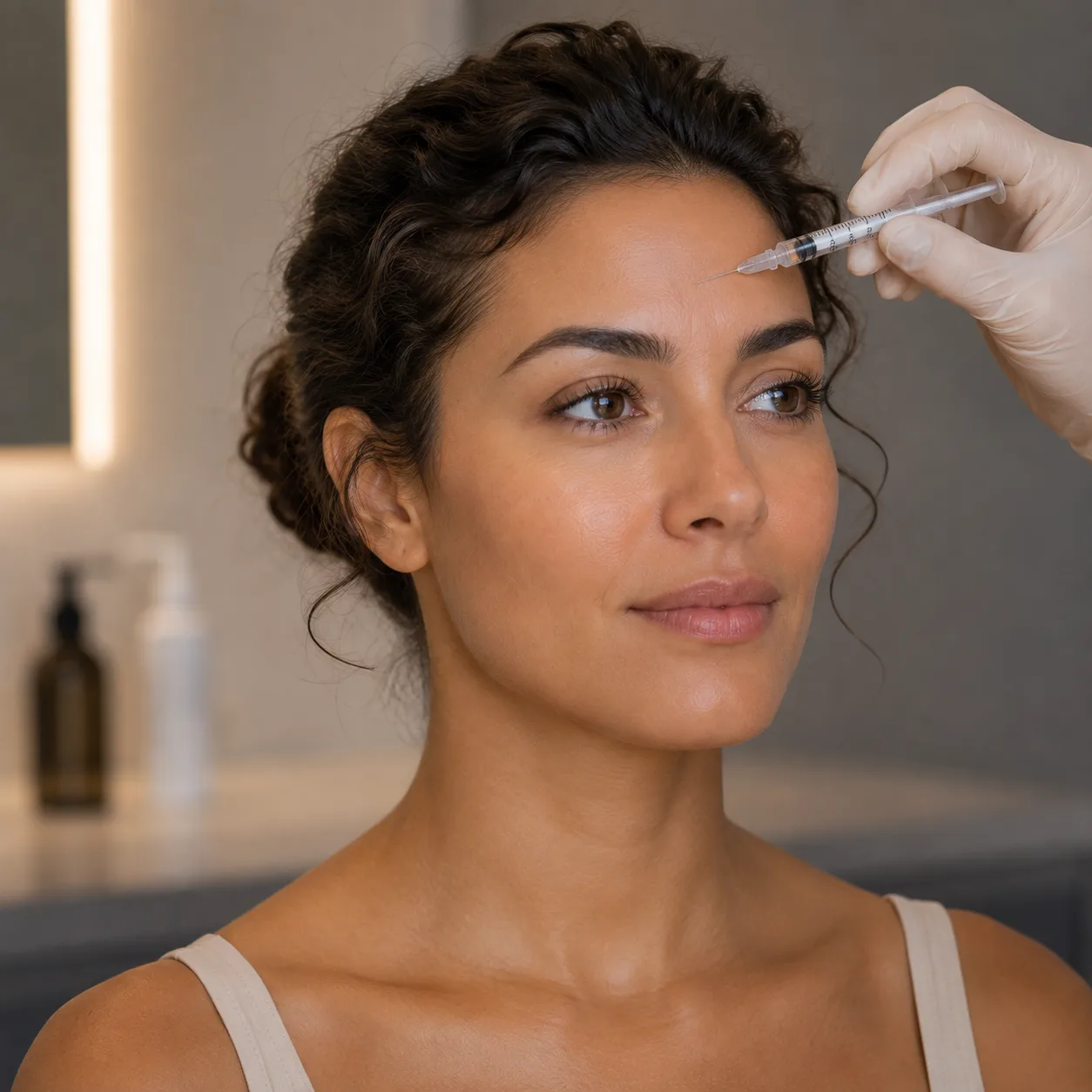 Botox du visage à Nice : le haut du visage d'une femme, front et ride du lion, Clinique esthétique Mozart