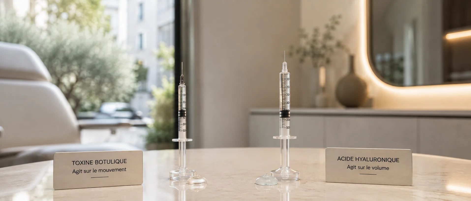 Deux seringues sur une table de soin, l'une étiquetée toxine botulique, agit sur le mouvement, l'autre acide hyaluronique, agit sur le volume, Clinique esthétique Mozart à Nice