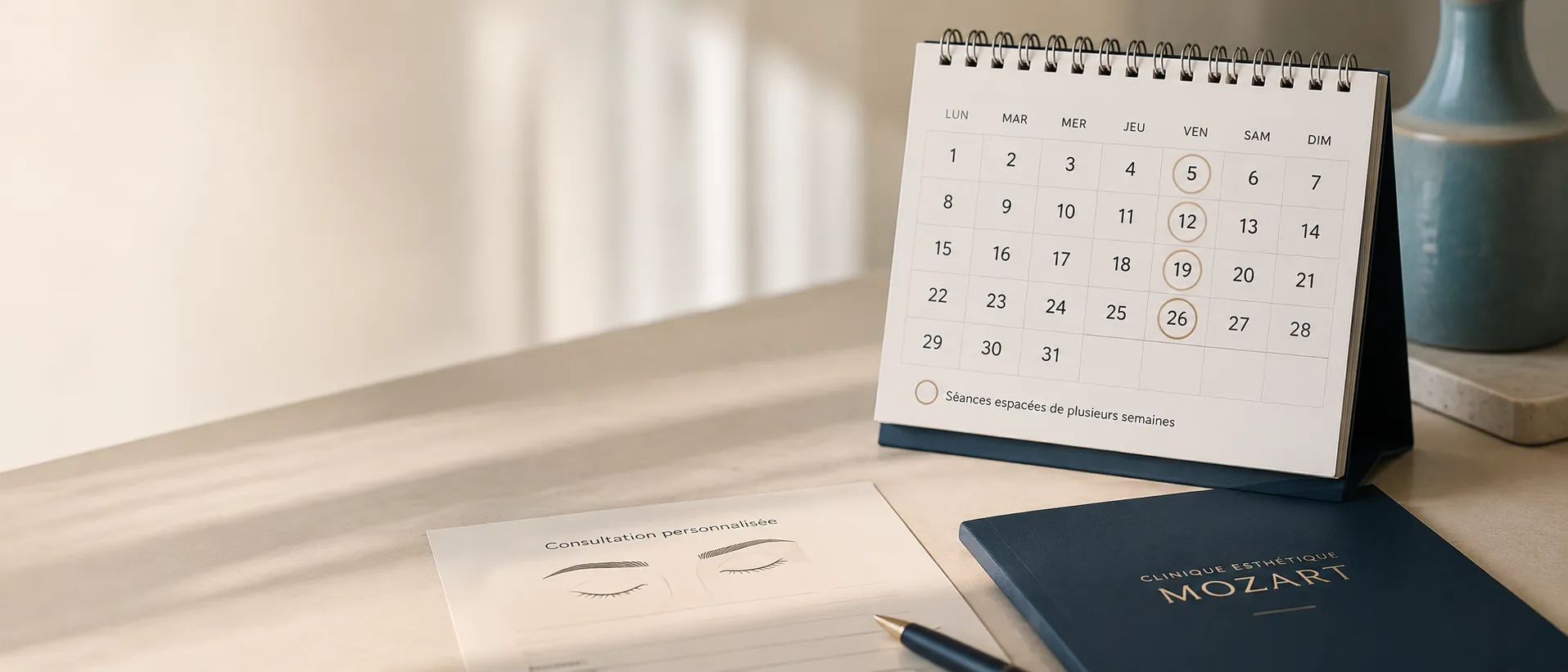 Calendrier de séances de détatouage des sourcils espacées de plusieurs semaines, à côté d'une fiche de consultation de la Clinique esthétique Mozart