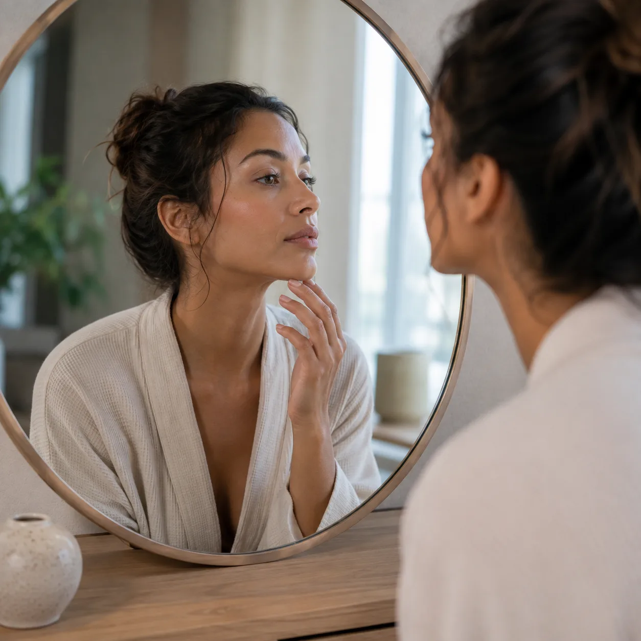 Combien de temps dure une rhinoplastie médicale&nbsp;: une patiente observe le profil de son nez dans un miroir rond, Clinique esthétique Mozart à Nice