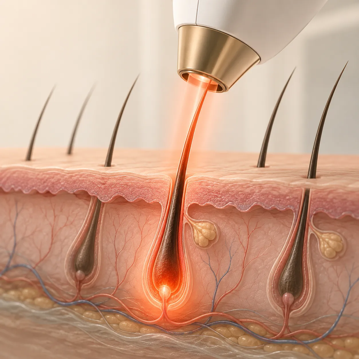 Comment fonctionne l'épilation laser&nbsp;: coupe de peau montrant le faisceau du laser atteignant le follicule pileux, Clinique esthétique Mozart à Nice