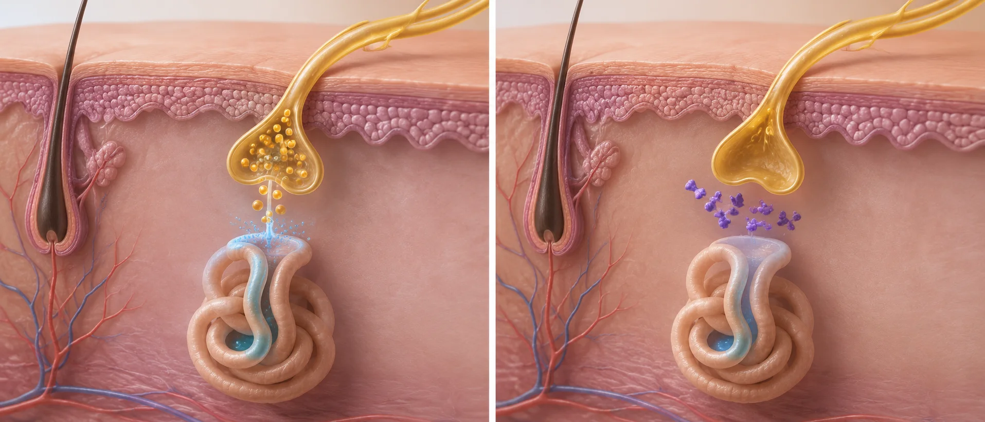 Comment le botox agit sur la transpiration : un schéma anatomique montre la jonction entre la terminaison nerveuse et la glande sudoripare, avant et pendant l'action de la toxine botulique, Clinique esthétique Mozart à Nice