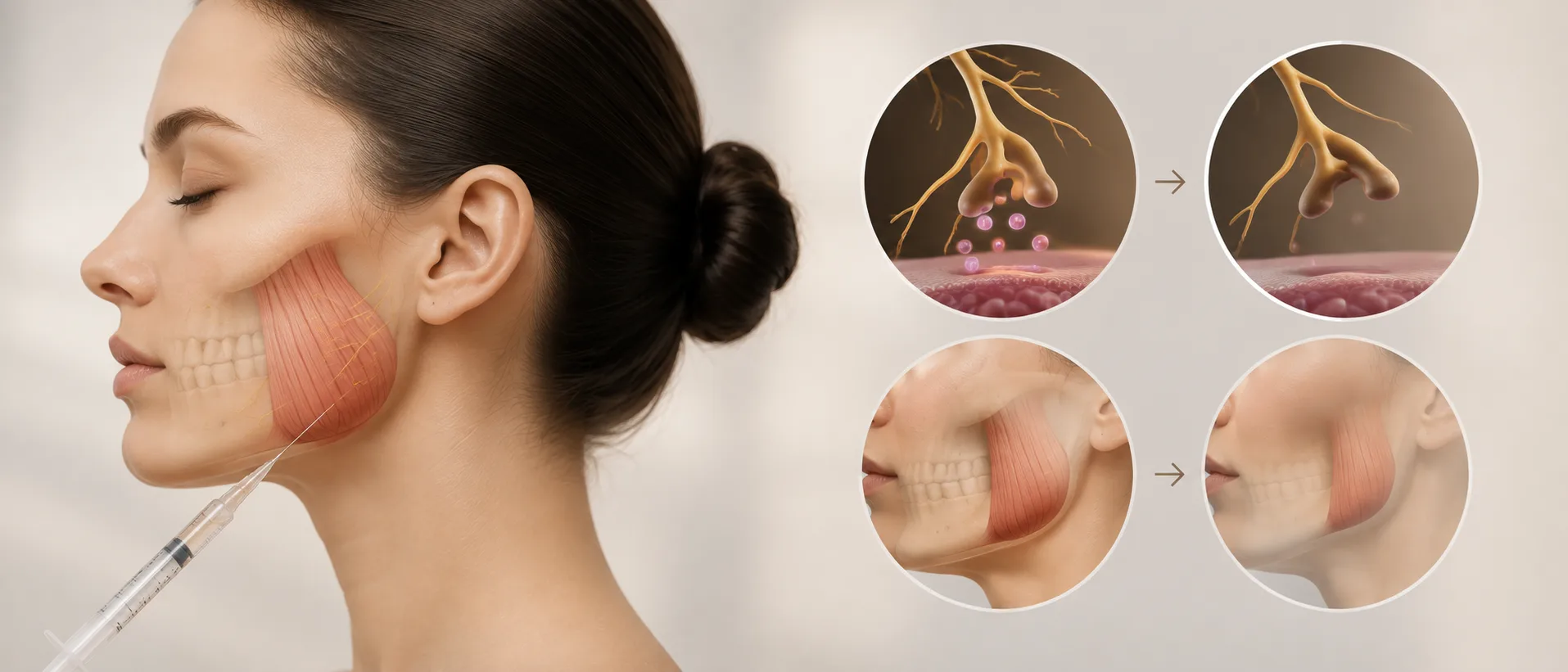 Comment le botox agit sur le masséter : une femme de profil reçoit une injection dans le masséter, et un schéma anatomique montre la jonction entre le nerf et le muscle, Clinique esthétique Mozart à Nice