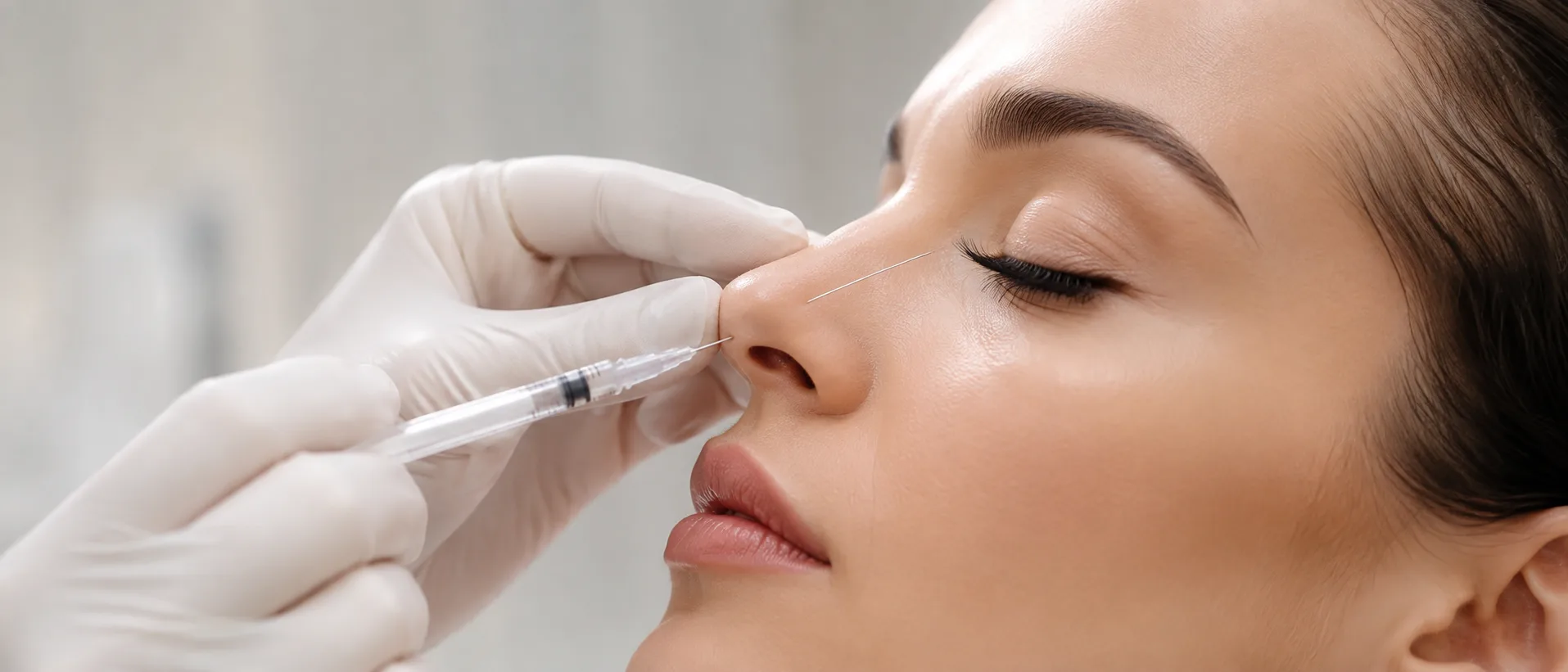 Comment se passe une injection d'acide hyaluronique dans le nez&nbsp;: le geste à l'aiguille sur le dorsum d'une patiente, de profil, Clinique esthétique Mozart à Nice