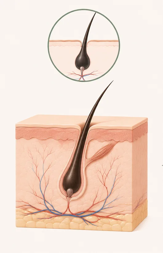 Phase anagène du cycle du poil : le poil est ancré dans son follicule, la phase où le laser est efficace