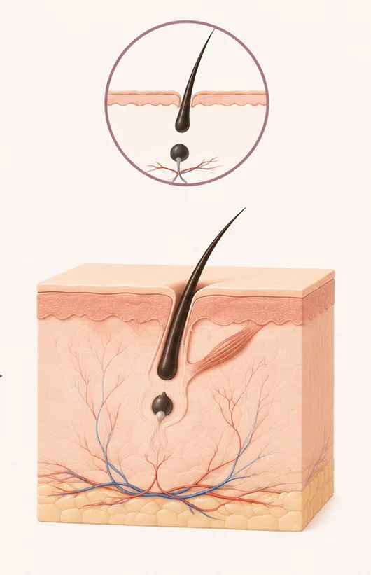 Phase télogène du cycle du poil : le poil est détaché de son follicule et va tomber