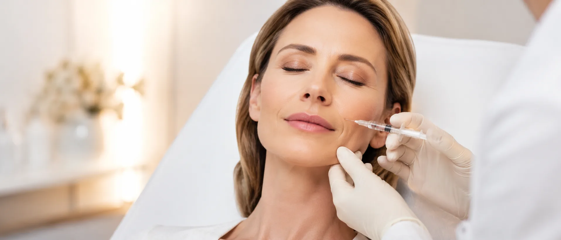 Comment se passe une séance d'acide hyaluronique : le Dr Boucq injecte le milieu du visage d'une patiente allongée, gants et seringue, Clinique esthétique Mozart à Nice