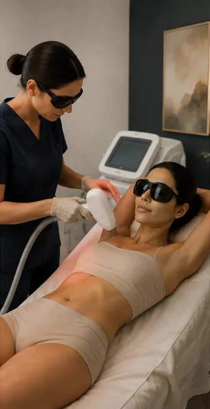Le déroulement d'une séance d'épilation laser&nbsp;: lunettes de protection et pièce à main appliquée par passages successifs