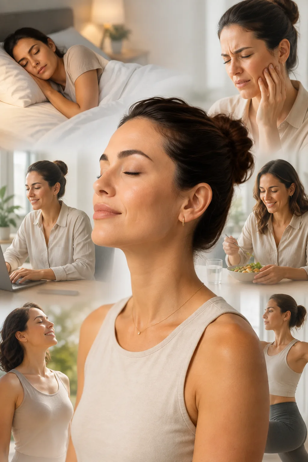 Combien de temps dure le botox des masséters : une femme au visage détendu, entourée de scènes de sa journée, du sommeil au repas, Clinique esthétique Mozart à Nice