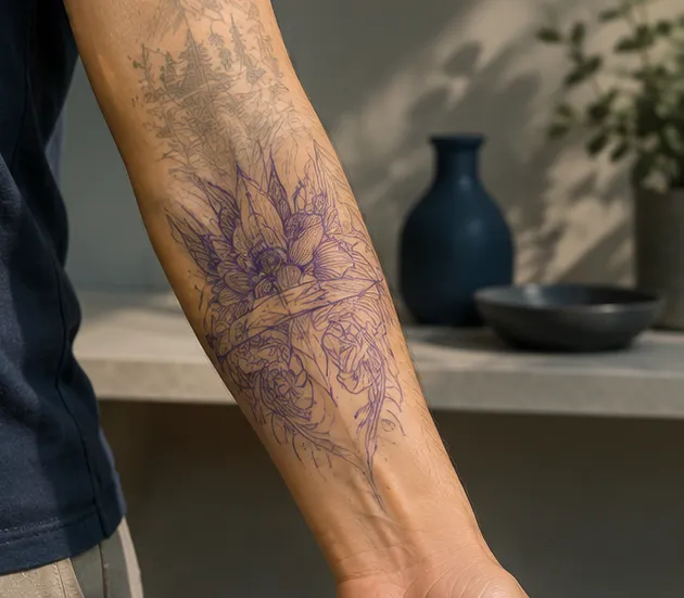 Éclaircir un tatouage avant un cover-up : le nouveau dessin se pose sur le motif atténué, Clinique esthétique Mozart à Nice