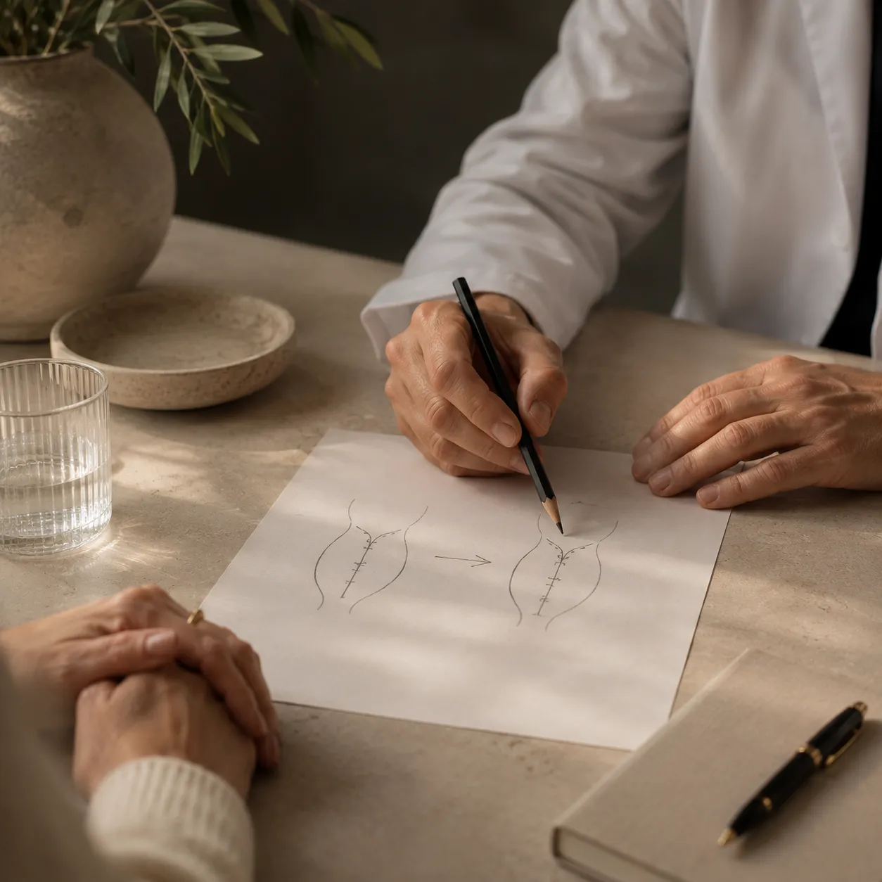 En quoi consiste une vaginoplastie : le chirurgien explique les deux temps de l'intervention en dessinant un schéma devant sa patiente, Clinique esthétique Mozart à Nice